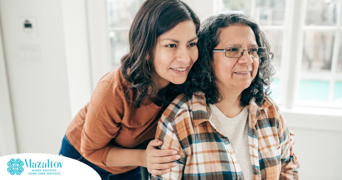 A woman hugs her older mother, representing compassionate senior care.