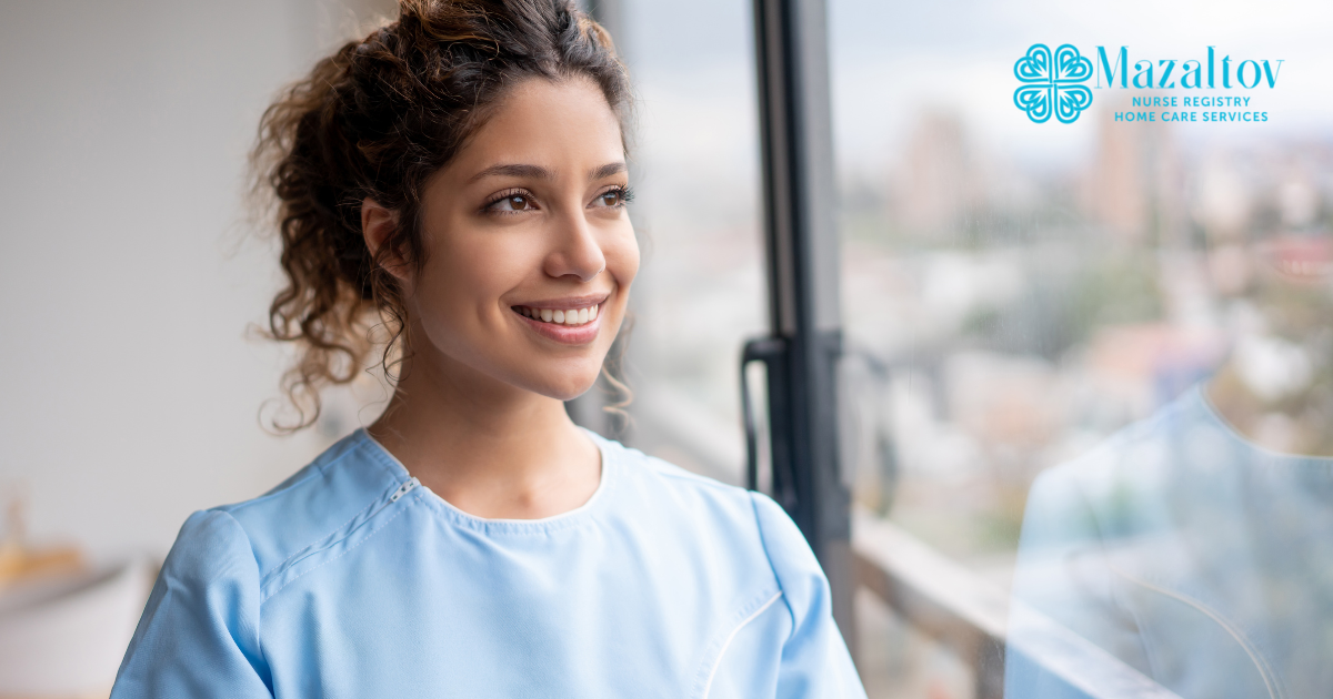 A woman hopefully and happily looks toward her future in the home care industry.