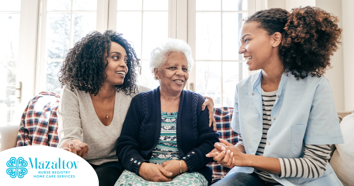 A professional explains senior care options to a woman and her aging mom.
