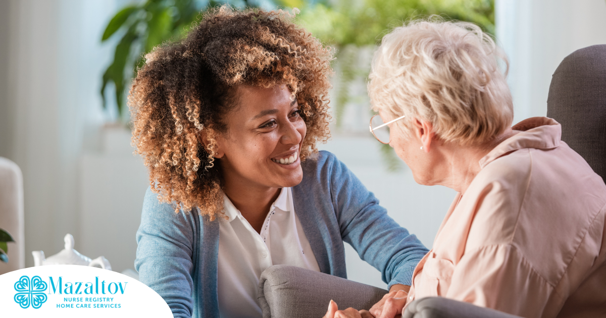 A woman enjoys compassionately providing caregiving services to an elderly woman.
