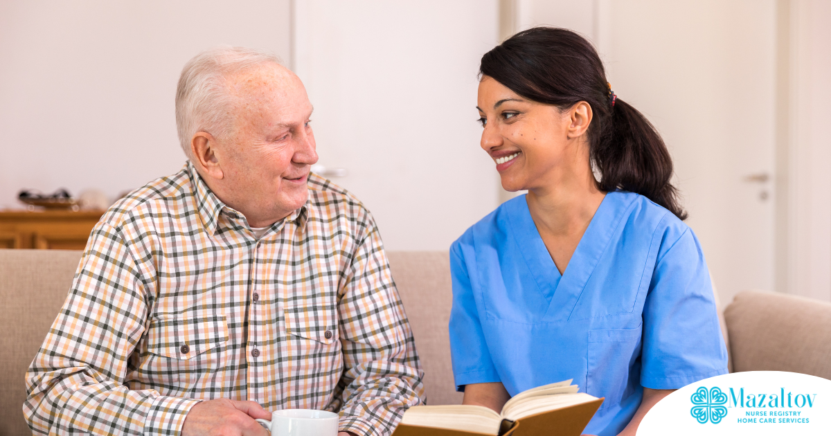A professional caregiver enjoys her flexible career as she cares for and reads to an older client.